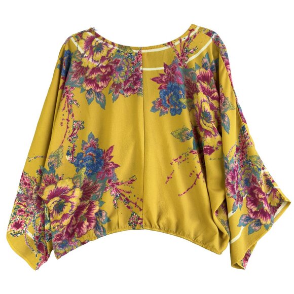 Flying Tomato Mustard Floral Kimono Crop Wrap Top L – Boho, 3/4 Dolman Sleeves - Picture 2 of 9